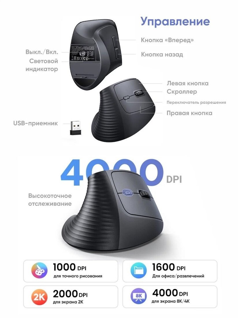 Вертикальная мышь Ugreen M571 55916 (черный)