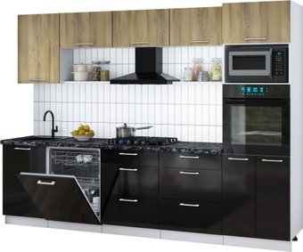 Готовая кухня Интерлиния Мила Gloss 2.9-ПМ1 (черный глянец/дуб вотан/кастилло темный)
