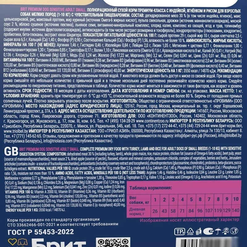 Сухой корм для собак Brit Premium Sensitive Adult Small с ягненком и индейкой 5092970 1 кг