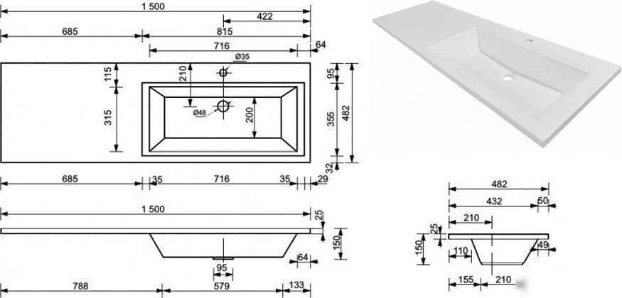 Умывальник Symbolite Даллас 150x48.2 правый