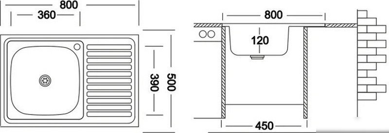 Кухонная мойка Ukinox ECO 800.500 L чаша слева (стальной/нержавеющая сталь)