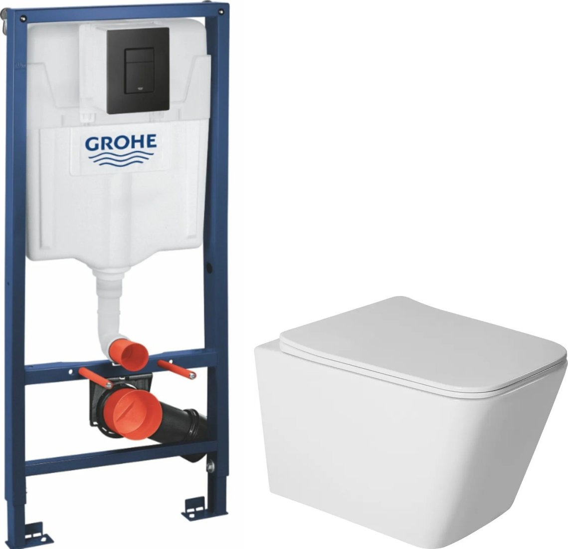 Унитаз подвесной Saniteco Rimless R-202W + GROHE Solido 38811KF0 (с кнопкой черный матовый)