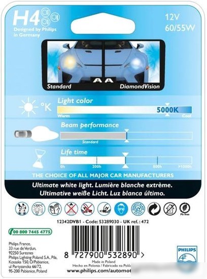 Галогенная лампа Philips H4 DiamondVision 1шт