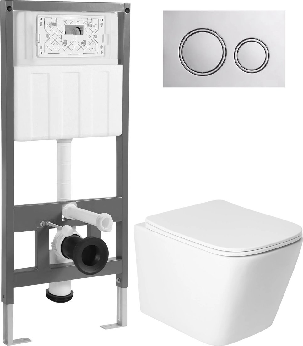 Унитаз подвесной Saniteco KW-9004WS + 501 + K01-PGG (с кнопкой, хром глянцевый)