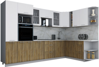 Готовая кухня Интерлиния Мила Gloss 1.88x3.2 правая (белый софт/дуб вотан/травертин серый)