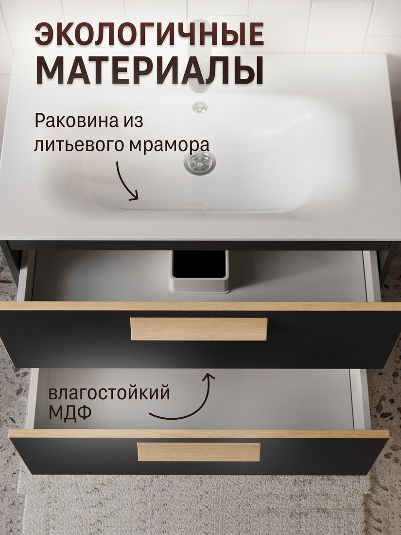TERMINUS Тумба с умывальником Ното 80x62x45 с 2 ящиками NOT10802099901O (черный Soft Touch)