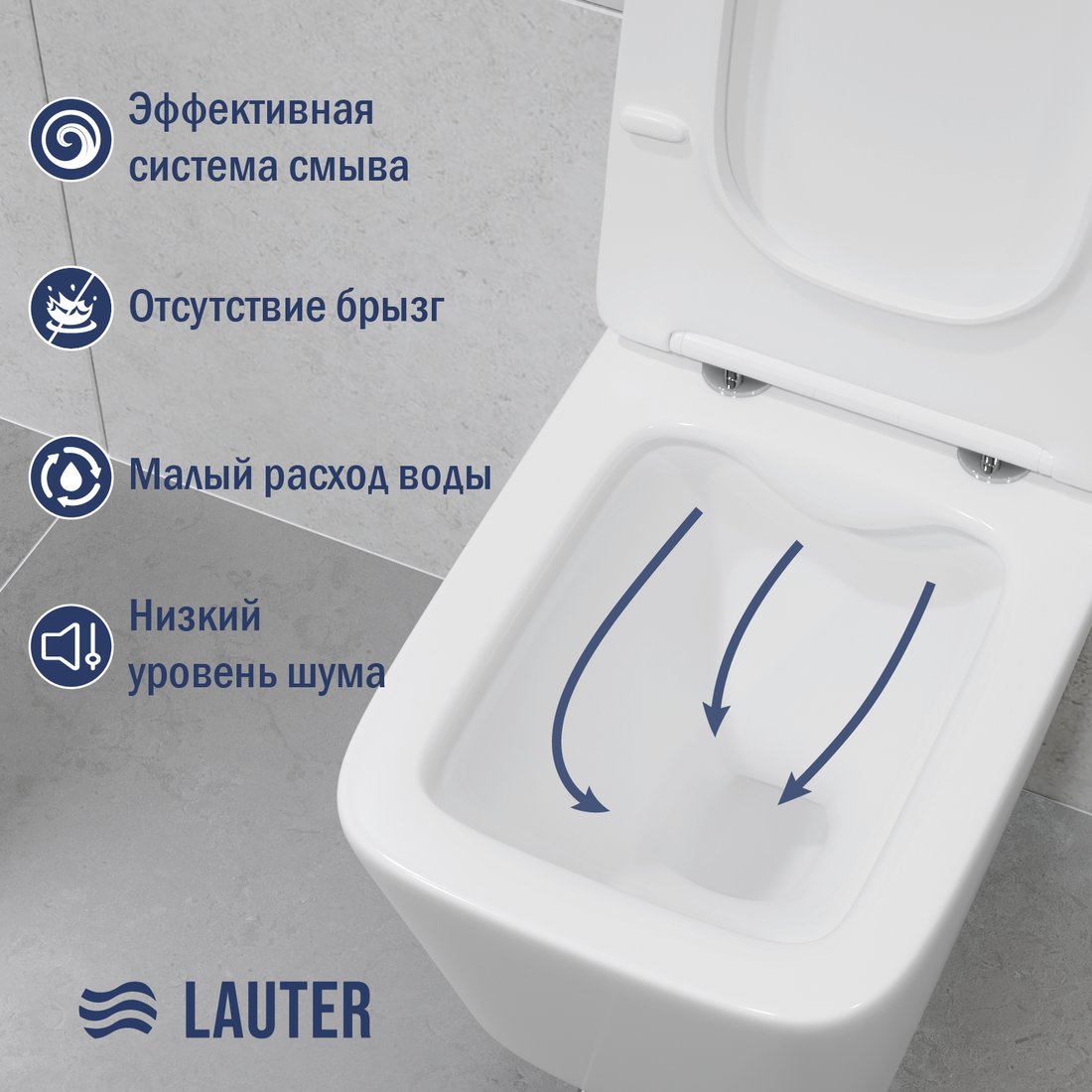 Унитаз подвесной Lauter Square с жестким сиденьем Soft Close 214903 + Breez 21GN7071CH (скрытое крепление)