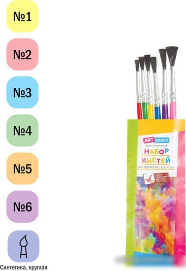 Набор кистей ArtSpace синтетика круглые № 1, 2, 3, 4, 5, 6 SB6_19284 (6 шт)