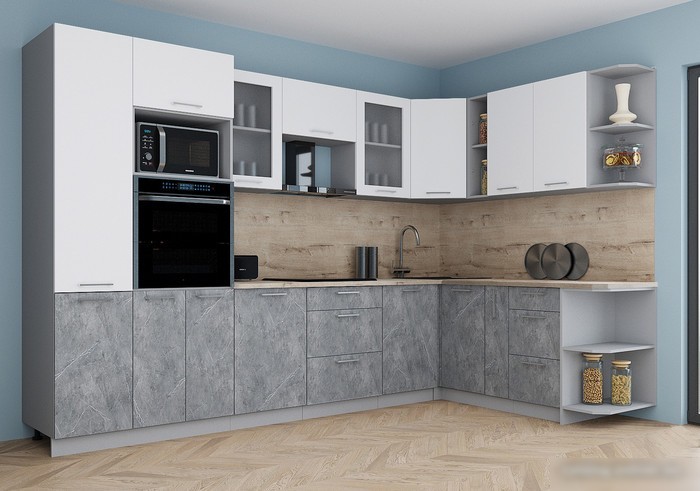 Готовая кухня Интерлиния Мила Gloss 1.88x3.2 правая (белый софт/керамика/травертин серый)