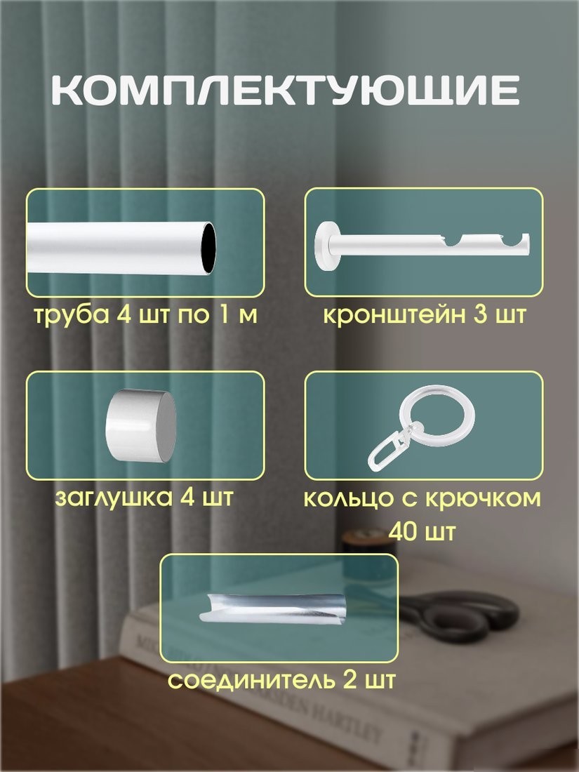 Карниз для штор Sundays Home Модерн 19мм+19мм двухрядный (составной, белый, 2м)