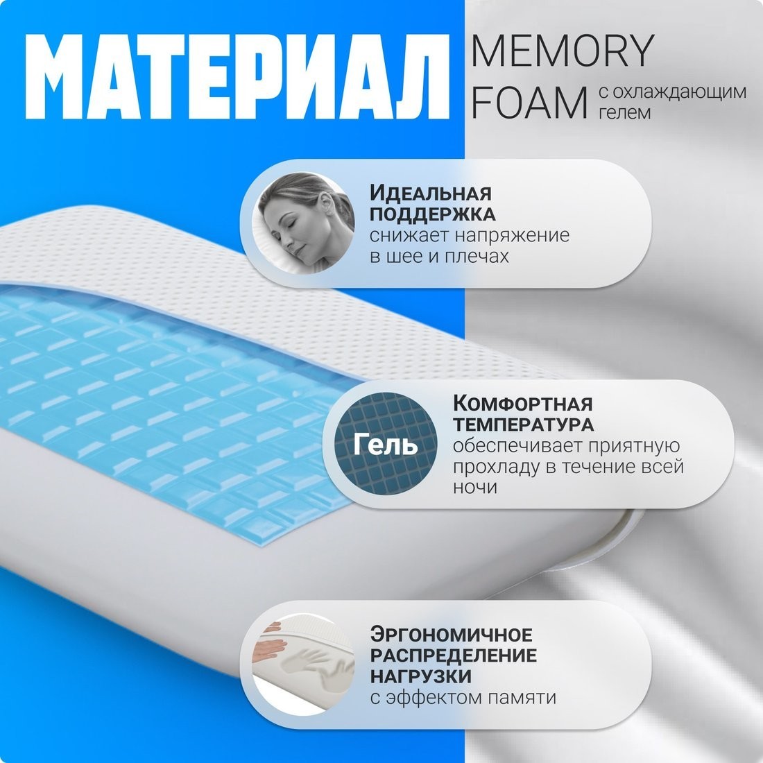 Ортопедическая подушка Mio Tesoro Premium Less Classic Gel 50х32x10 (бабл белый)