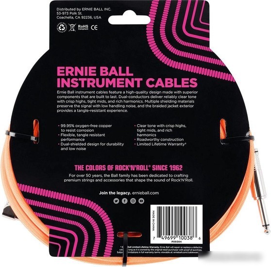 Гитарный кабель Ernie Ball P06084 6.3 мм - 6.3 мм (5.49 м, неоновый оранжевый)