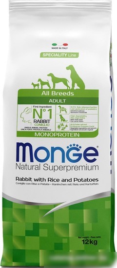 Сухой корм для собак Monge All Breeds Adult Monoprotein Rabbit, Rice and Potatoes (для всех пород с кроликом, рисом и картофелем) 12 кг