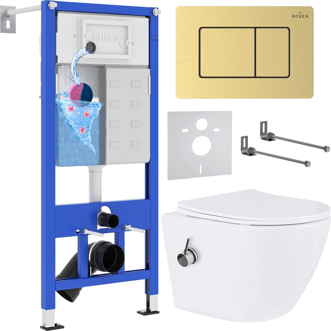 Унитаз подвесной Roxen Antares Bidet в комплекте с инсталляцией StounFix Dual Fresh 6 в 1 968457 (кнопка: брашированное золото) Унитаз подвесной Roxen Antares Bidet в комплекте с инсталляцией StounFix Dual Fresh 6 в 1 968457 (кнопка: брашированное золото)