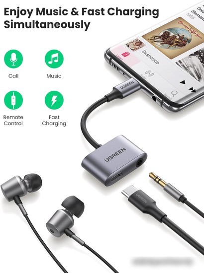 Адаптер Ugreen CM231 60164 USB Type-C - USB Type-C, 3.5 мм