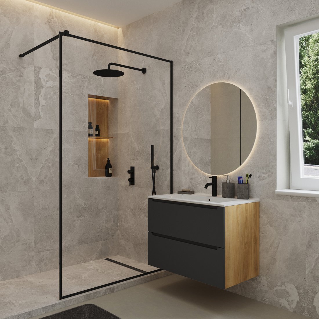 ЗОВ Тумба с умывальником Дион 80 D80LHO0M7015МKV5 + Oliveeka Flow F80W (графит матовый/дуб)