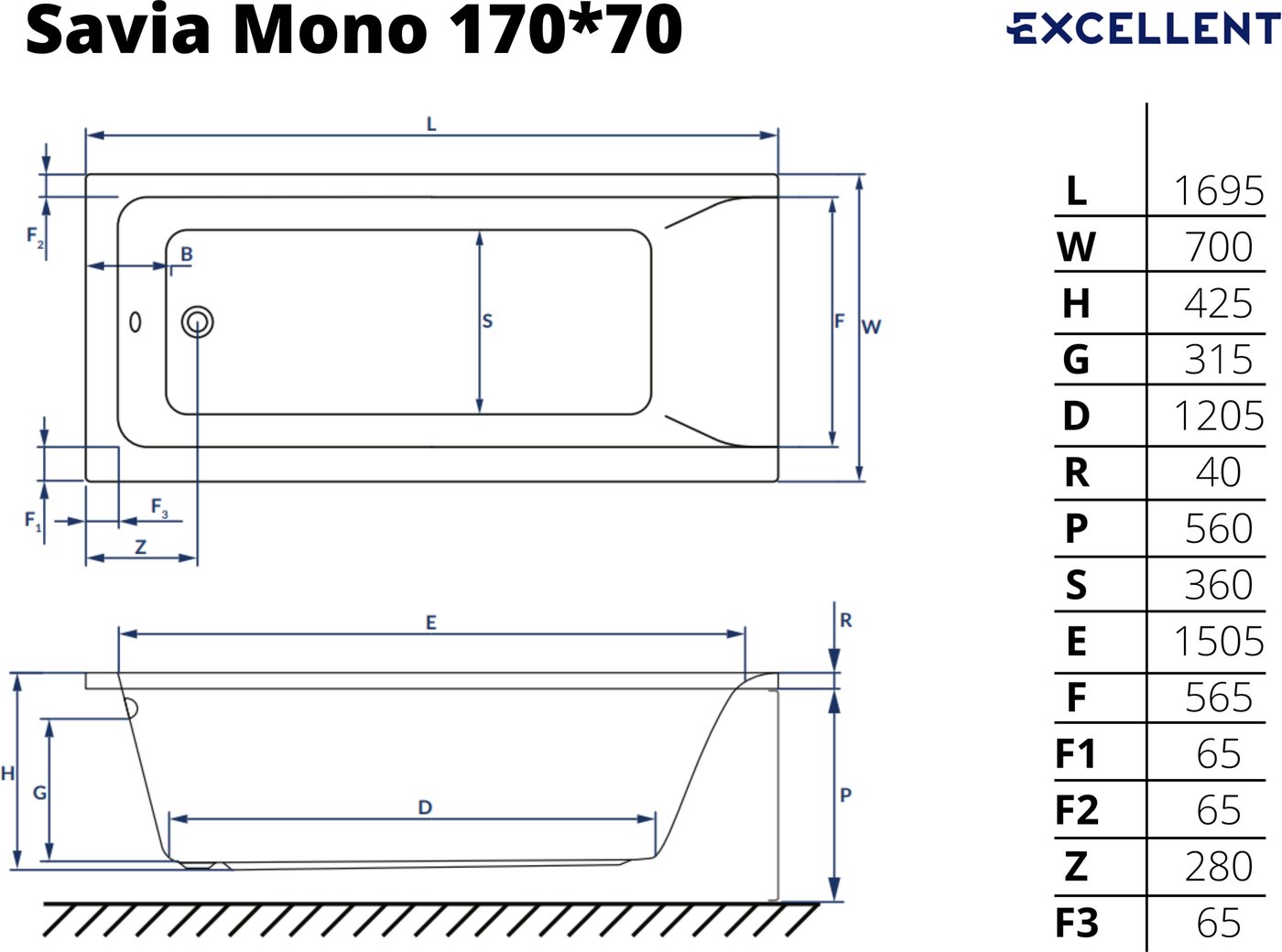 Ванна Excellent Savia Mono 150x70 (с ножками)