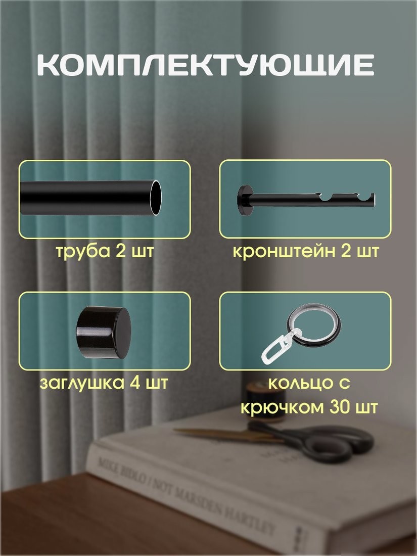 Карниз для штор Sundays Home Модерн 19мм+19мм двухрядный (цельный, черный матовый, 1.5м)