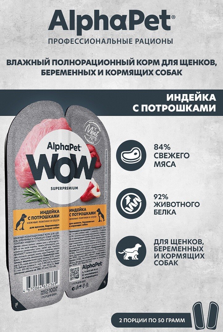 Консервированный корм для собак AlphaPet Superpremium для щенков нежные ломтики в соусе индейка и потрошки 100 г