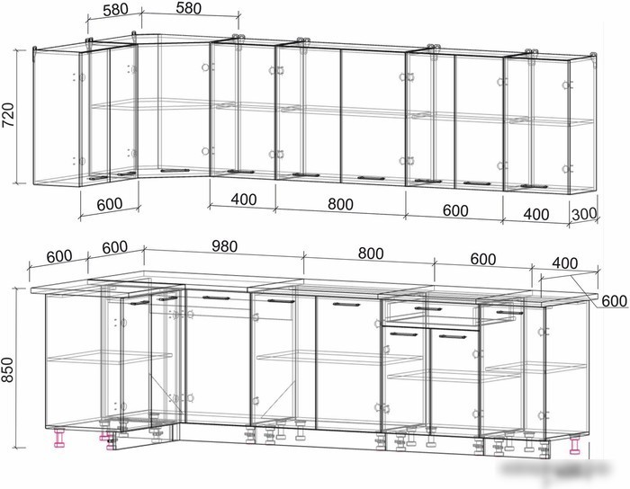 Готовая кухня Интерлиния Мила Лайт 1.2x2.8 (бетон-бетон-кастилло темный)