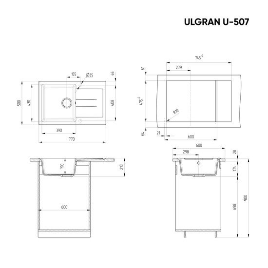 Кухонная мойка Ulgran U-507 (ультра-черный)