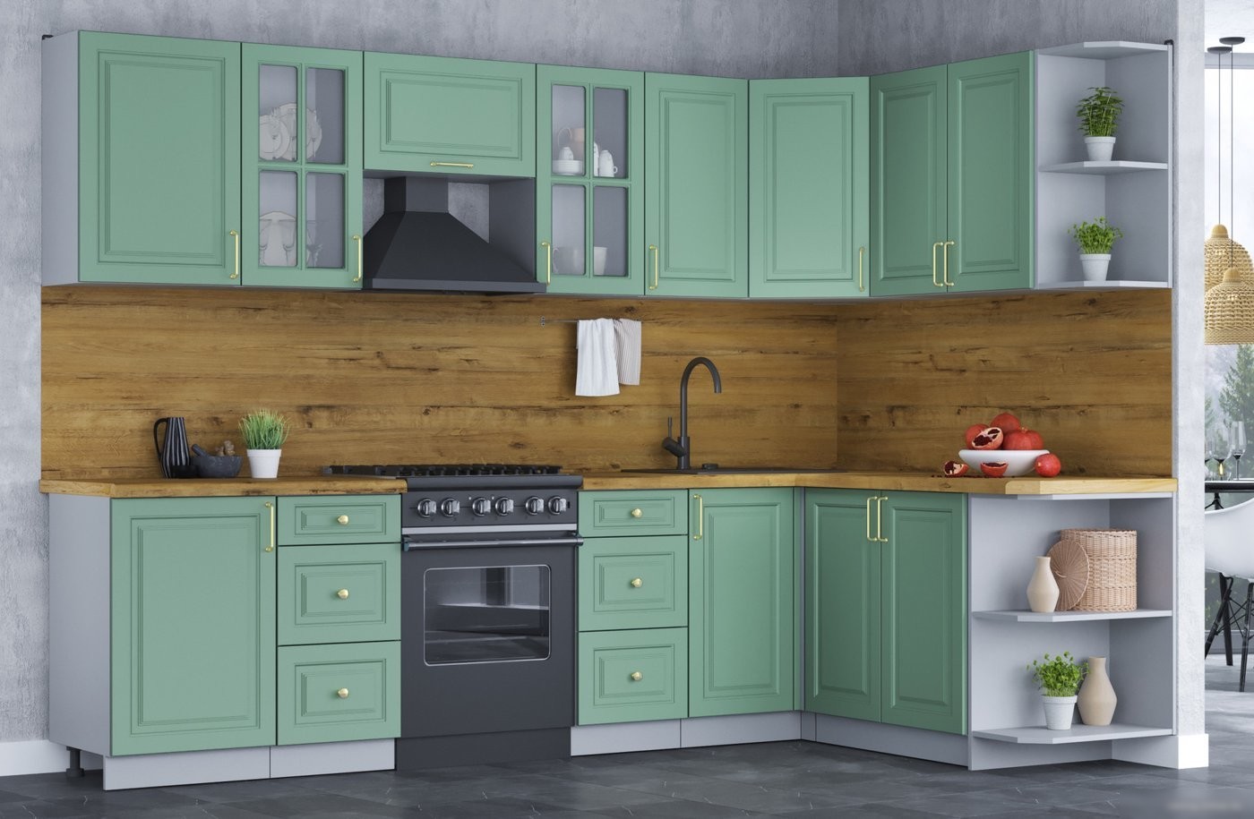 Готовая кухня Интерлиния Мила Шато 1.7x2.9 правая (мята/мята/дуб бунратти)