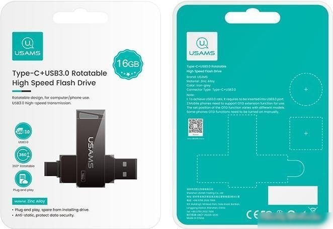 USB Flash Usams Type-C + USB3.0 Rotatable High Speed Flash Drive 16GB