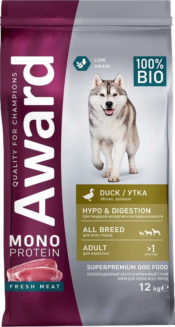 Сухой корм для собак Award Monoprotein из утки с добавлением яблока и артишока 6201159 12 кг