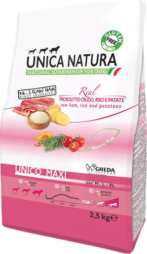 Сухой корм для собак Unica Natura Unico Maxi с сыровяленой ветчиной, рисом и картофелем 2.5 кг