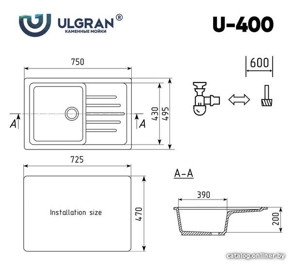 Кухонная мойка Ulgran U-400 (344 ультра-черный)