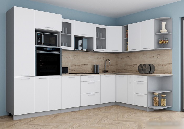 Готовая кухня Интерлиния Мила Gloss 1.88x3.2 правая (белый софт/белый софт/травертин серый)