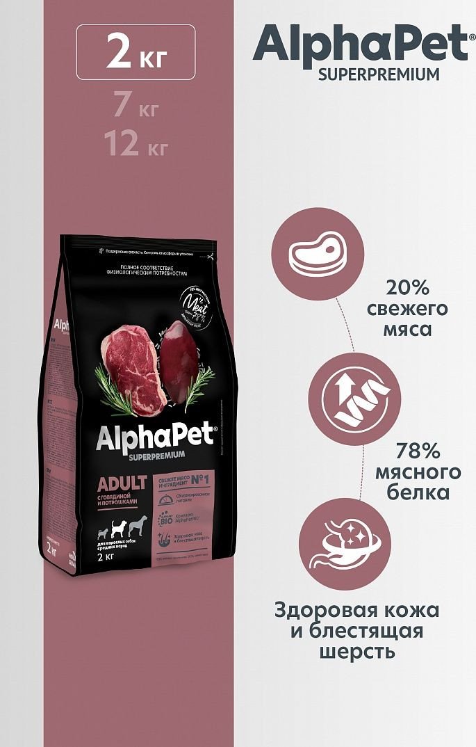 Сухой корм для собак AlphaPet Superpremium Adult с говядиной и потрошкамидля средних пород 2 кг