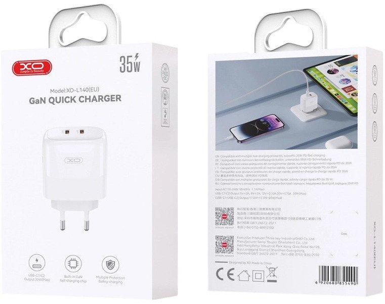 Сетевое зарядное XO L140 C35W (белый)