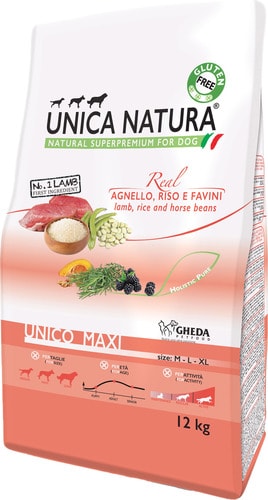 Сухой корм для собак Unica Natura Unico Maxi с ягненком, рисом, конскими бобами 12 кг