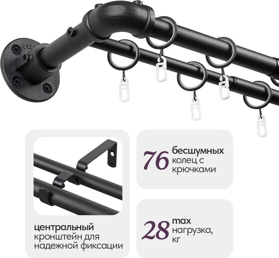 Карниз для штор UG Home Раздвижной 2-рядный 2КМ-367-Ч (черный, 1.5-3.67м)