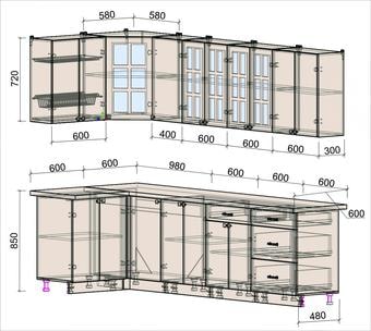 Угловая кухня Интерлиния Мила Деко 1.2x2.8 (луна/травертин серый)