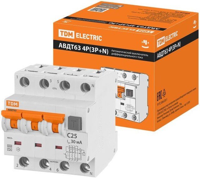 Дифференциальный автомат TDM Electric АВДТ-63/4P C25 30мА тип А SQ0202-0018