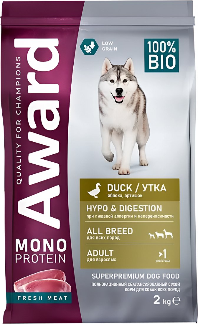 Сухой корм для собак Award Monoprotein из утки с добавлением яблока и артишока 6201142 2 кг