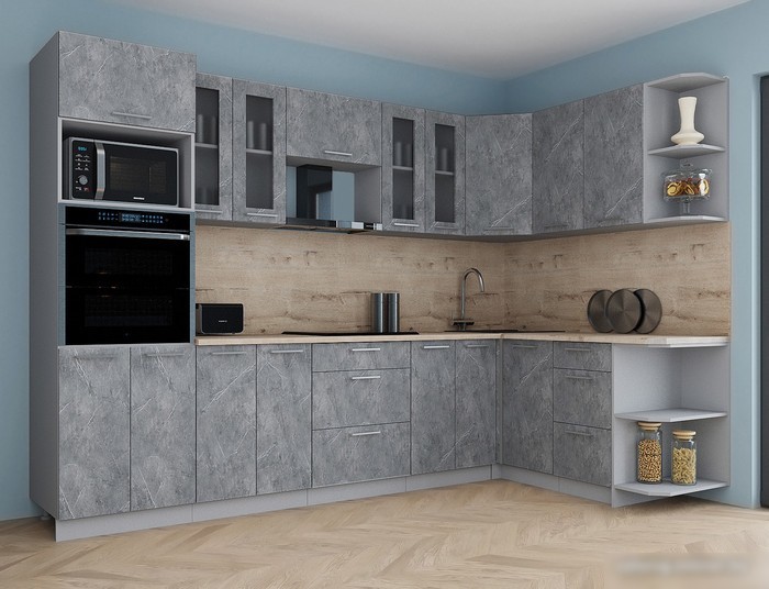 Готовая кухня Интерлиния Мила Gloss 1.68x3.0 правая (керамика/керамика/травертин серый)