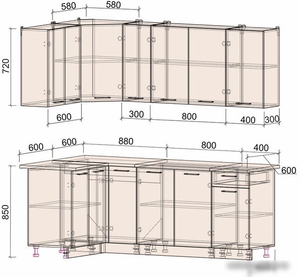 Готовая кухня Интерлиния Мила Лайт 1.2x2.1 (бетон-антрацит-травертин)