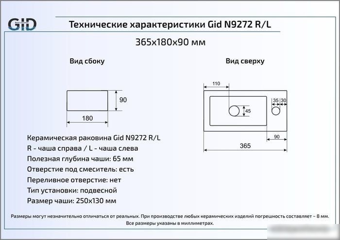 Умывальник Gid N9272L (белый)