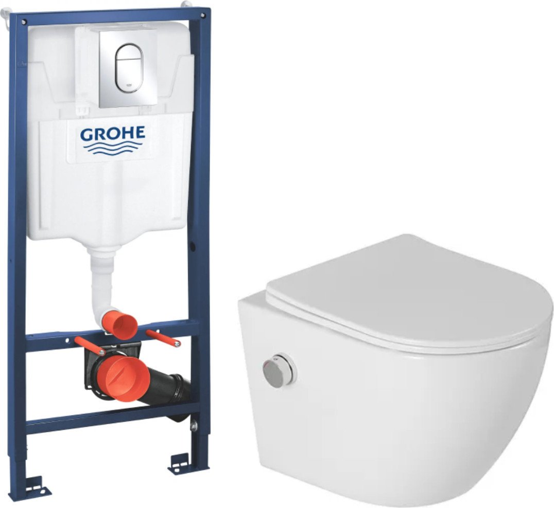 Унитаз подвесной Saniteco Rimless RT-203-B1 + GROHE Rapid SL 39504000 (c функцией биде/кнопка хром глянец)