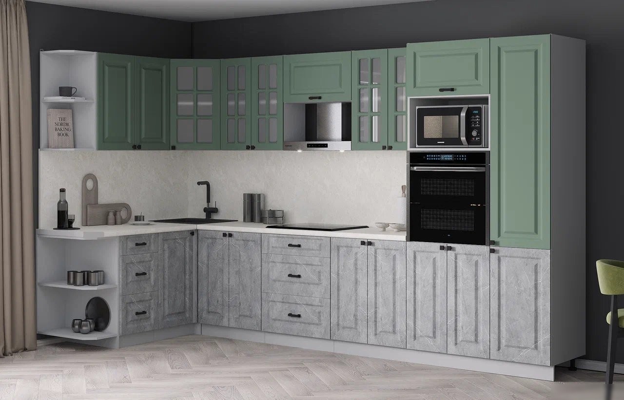 Готовая кухня Интерлиния Мила Деко 1.68x3.4 LV (керамика/мята/опал светлый)