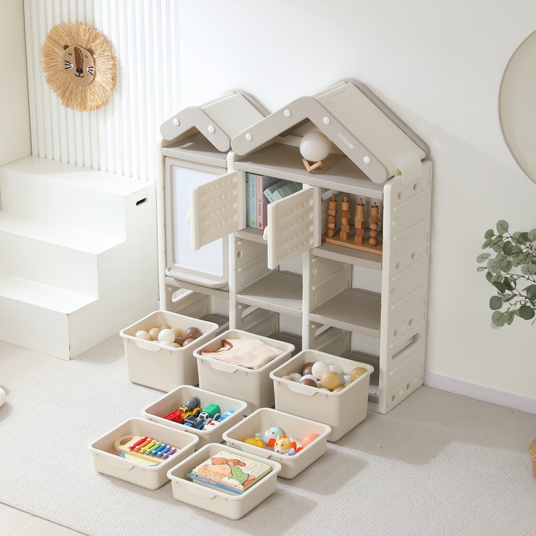 Стеллаж UNIX kids House (7 ящиков, 2 полки с дверцей, серый)