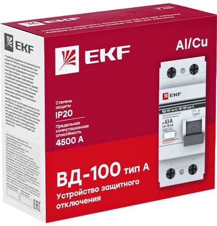 Устройство защитного отключения EKF PROxima ВД-100 2P 63А100мА elcb-2-63-100-em-a-pro