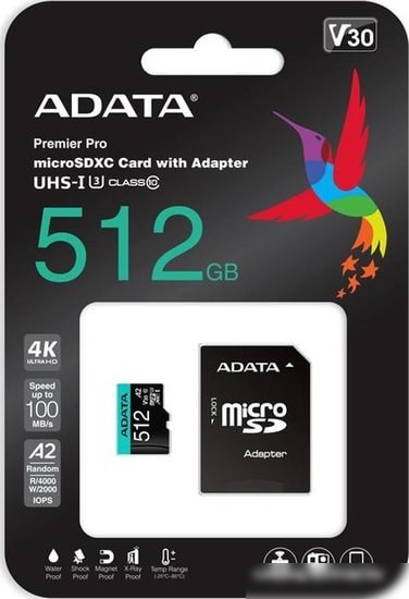 Карта памяти A-Data Premier Pro AUSDX512GUI3V30SA2-RA1 microSDXC 512GB (с адаптером)