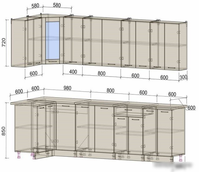 Готовая кухня Интерлиния Мила 12x30 (вудлайн кремовый-бетон-бискайская сосна)