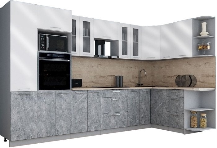 Готовая кухня Интерлиния Мила Gloss 1.68x3.4 правая (белый глянец/керамика/травертин серый)