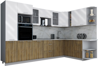 Готовая кухня Интерлиния Мила Gloss 1.88x3.2 правая (белый глянец/дуб вотан/травертин серый)