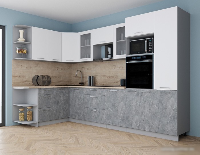 Готовая кухня Интерлиния Мила Gloss 1.68x3.2 левая (белый софт/керамика/травертин серый)